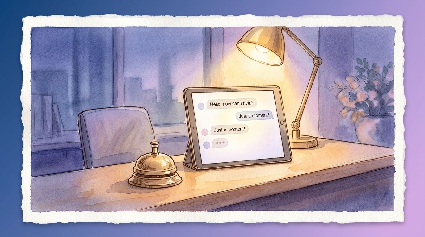 An AI chat assistant answering customer inquiries alongside a front-desk staff member